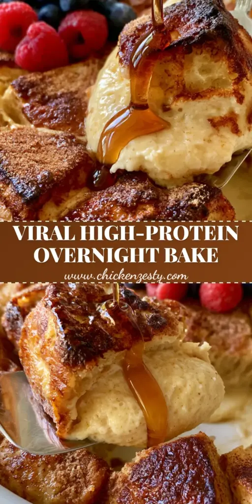 A high-protein Healthy French toast casserole in a ceramic dish with golden-brown sourdough edges and fresh berries.