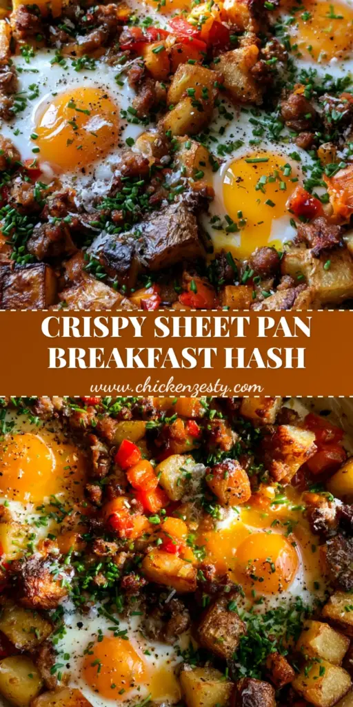 A top-down view of a sheet pan breakfast hash featuring crispy golden cubed potatoes, browned sausage, blistered orange and red peppers, and four runny baked eggs garnished with chives on crinkled parchment.